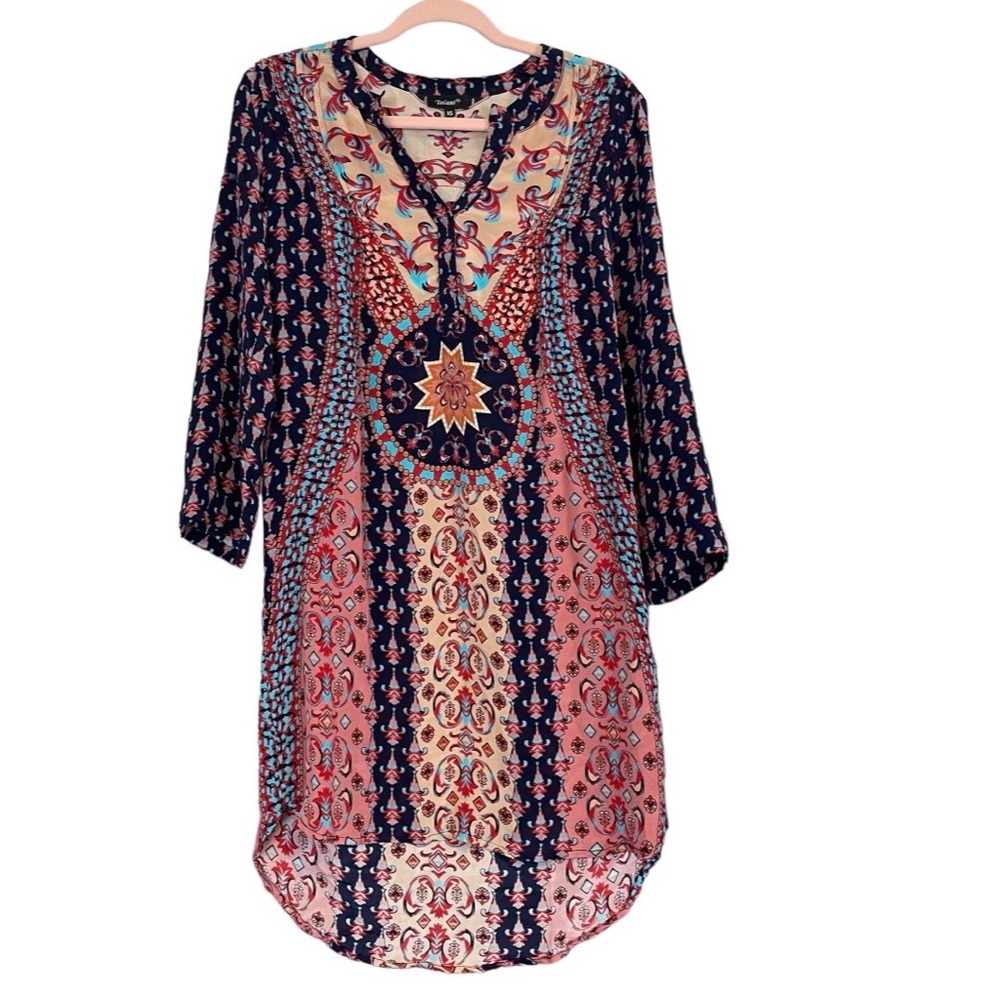 Tolani Abstract Multicolor 3/4 Sleeve Long Silk V Neck High Low Tunic Dress XS